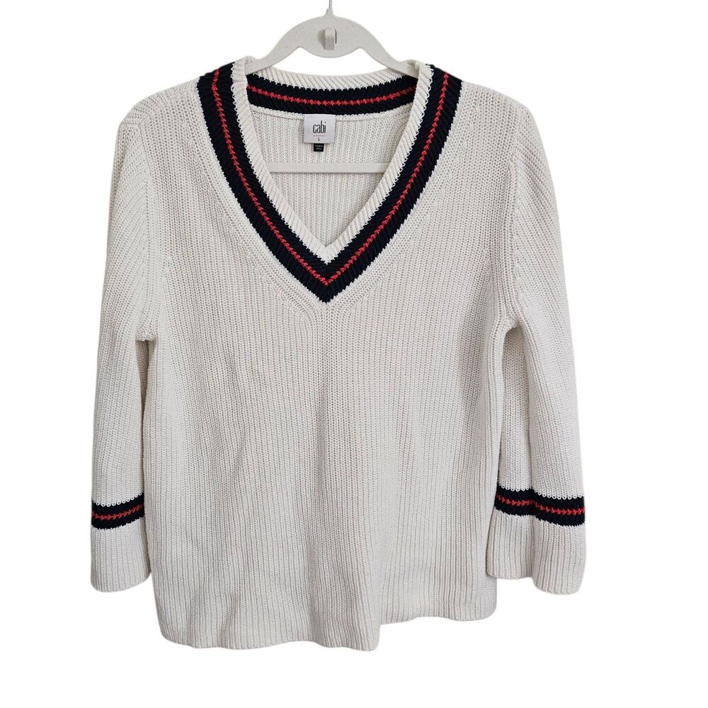 Cabi Sweater Large Ace White Nautical‎ Tennis V-neck Pullover Bell Sleeve 5639